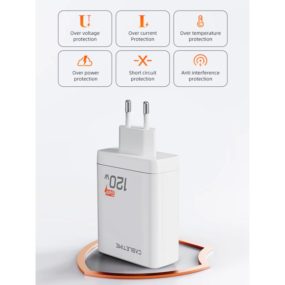 CABLETIME G120W 120W 4-Port GaN USB-C Wall Charger | 3× USB-C + 1× USB-A | 100W PD | EU Plug | Fast Charging for Laptop & Mobile
