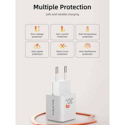 CABLETIME GA30W | 30W USB-C GaN Wall Charger, PD 3.0, EU Plug, Compact Travel Charger
