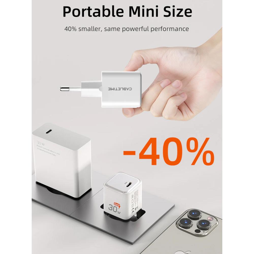 CABLETIME GA30W | 30W USB-C GaN Wall Charger, PD 3.0, EU Plug, Compact Travel Charger