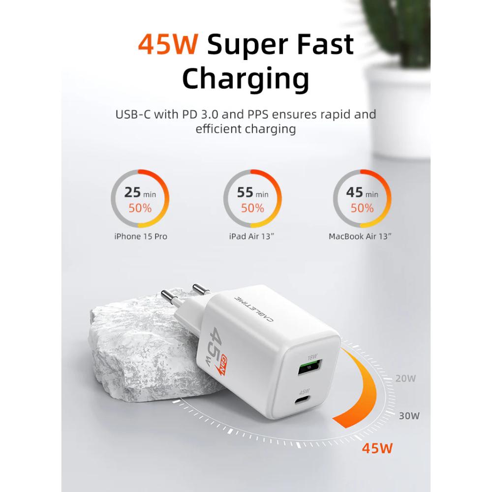 CABLETIME GA45W | Dual-Port 45W GaN USB-C & USB-A Wall Charger (Fast Charging for Laptop, Phone & Tablet, EU Plug)