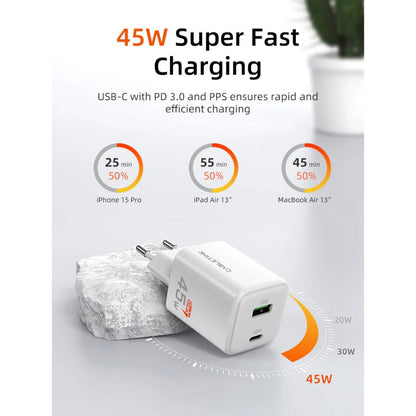 CABLETIME GA45W | Dual-Port 45W GaN USB-C & USB-A Wall Charger (Fast Charging for Laptop, Phone & Tablet, EU Plug)