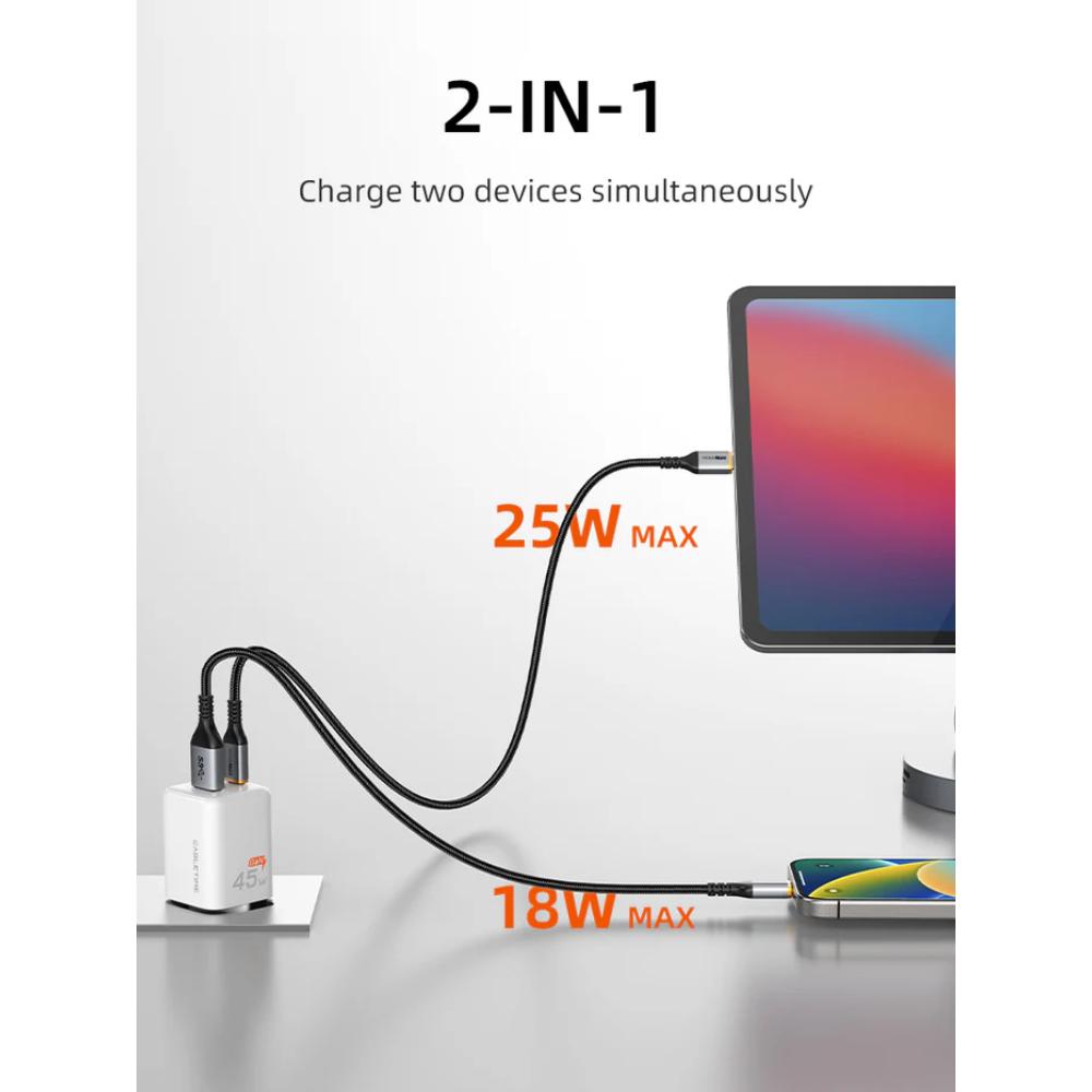 CABLETIME GA45W | Dual-Port 45W GaN USB-C & USB-A Wall Charger (Fast Charging for Laptop, Phone & Tablet, EU Plug)