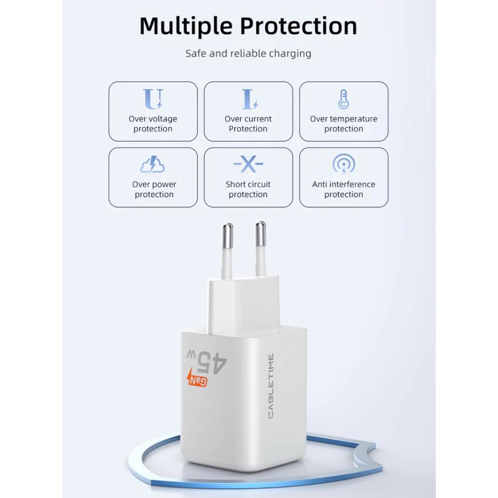 CABLETIME GA45W | Dual-Port 45W GaN USB-C & USB-A Wall Charger (Fast Charging for Laptop, Phone & Tablet, EU Plug)