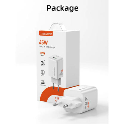CABLETIME GA45W | Dual-Port 45W GaN USB-C & USB-A Wall Charger (Fast Charging for Laptop, Phone & Tablet, EU Plug)