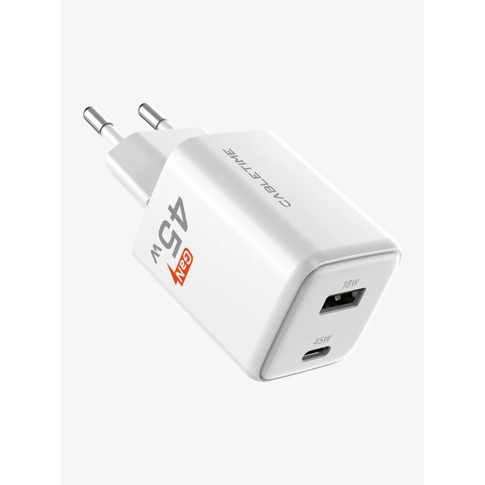 CABLETIME GA45W | Dual-Port 45W GaN USB-C & USB-A Wall Charger (Fast Charging for Laptop, Phone & Tablet, EU Plug)