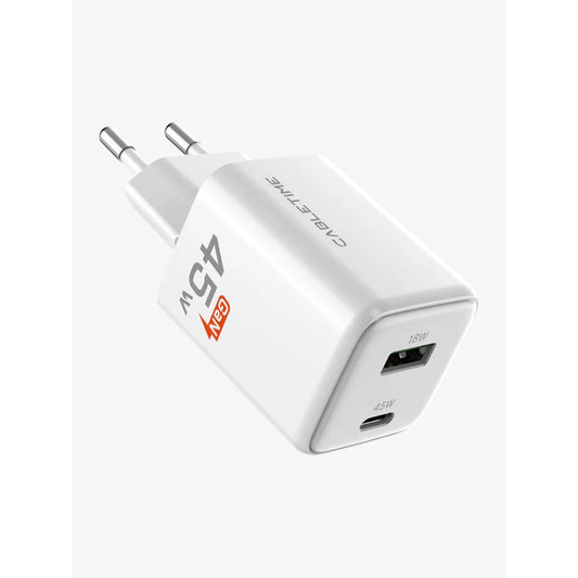 CABLETIME GA45W | Dual-Port 45W GaN USB-C & USB-A Wall Charger (Fast Charging for Laptop, Phone & Tablet, EU Plug)
