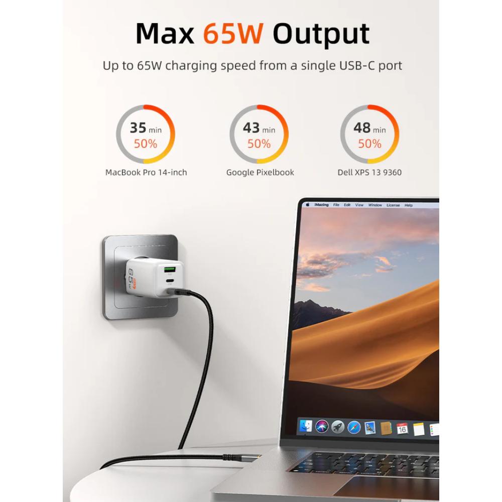 CABLETIME GA65W | Portable 65W GaN USB-C Wall Charger (3-Port Fast Charging for Laptop, Phone & Tablet, EU Plug)