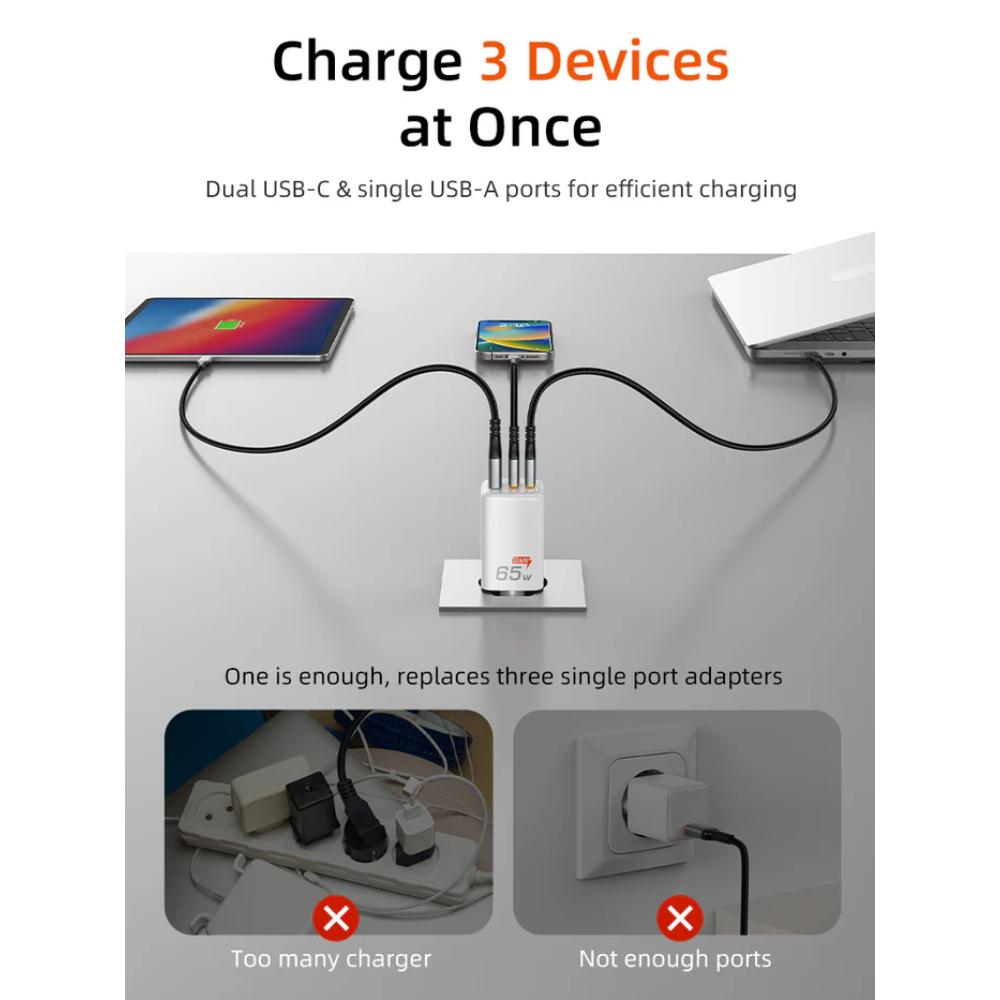 CABLETIME GA65W | Portable 65W GaN USB-C Wall Charger (3-Port Fast Charging for Laptop, Phone & Tablet, EU Plug)
