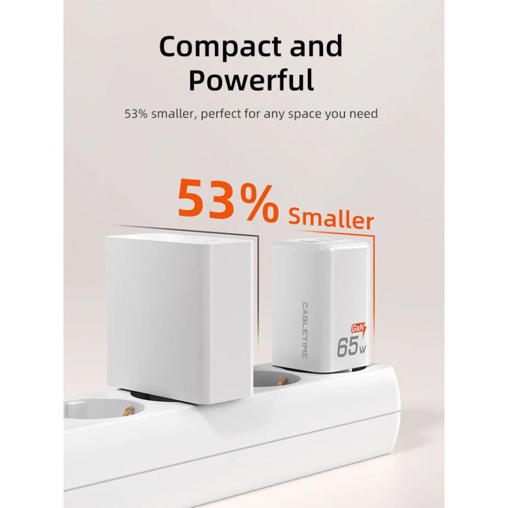 CABLETIME GA65W | Portable 65W GaN USB-C Wall Charger (3-Port Fast Charging for Laptop, Phone & Tablet, EU Plug)