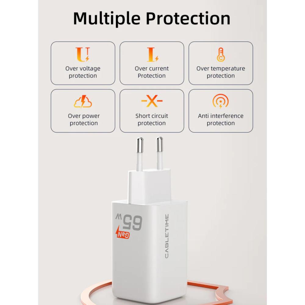 CABLETIME GA65W | Portable 65W GaN USB-C Wall Charger (3-Port Fast Charging for Laptop, Phone & Tablet, EU Plug)