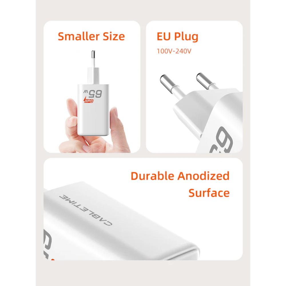 CABLETIME GA65W | Portable 65W GaN USB-C Wall Charger (3-Port Fast Charging for Laptop, Phone & Tablet, EU Plug)
