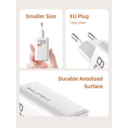 CABLETIME GA65W | Portable 65W GaN USB-C Wall Charger (3-Port Fast Charging for Laptop, Phone & Tablet, EU Plug)