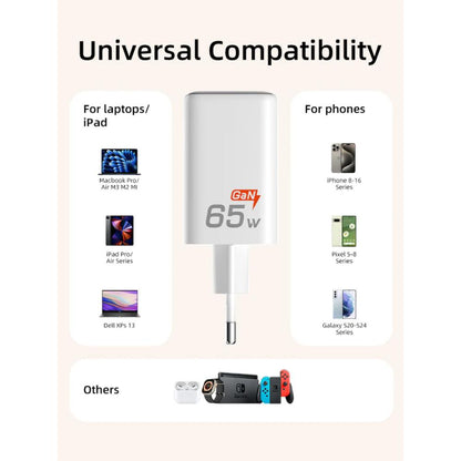 CABLETIME GA65W | Portable 65W GaN USB-C Wall Charger (3-Port Fast Charging for Laptop, Phone & Tablet, EU Plug)