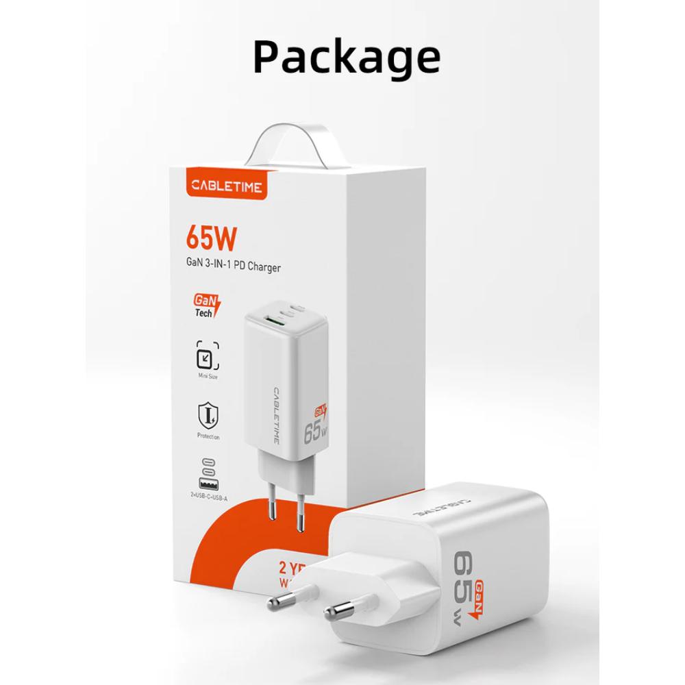 CABLETIME GA65W | Portable 65W GaN USB-C Wall Charger (3-Port Fast Charging for Laptop, Phone & Tablet, EU Plug)