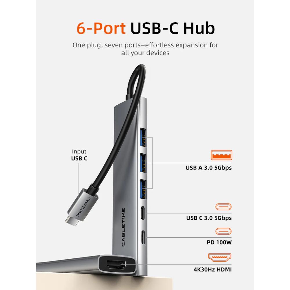 CABLETIME HB01G | 6-in-1 USB-C Hub | 4K HDMI | 100W PD | USB 3.0 Multiport Adapter