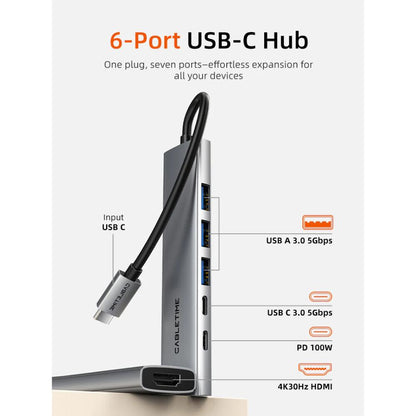 CABLETIME HB01G | 6-in-1 USB-C Hub | 4K HDMI | 100W PD | USB 3.0 Multiport Adapter