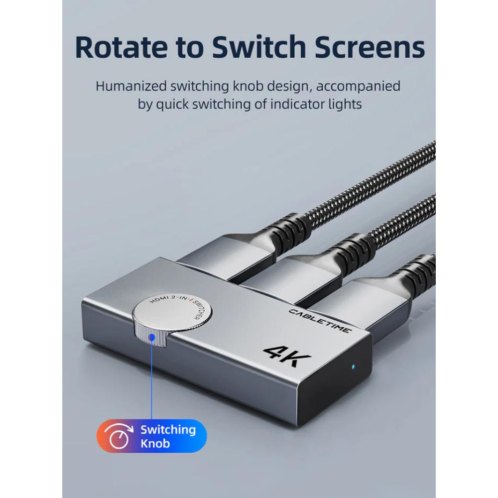 CABLETIME CP37G | 4K 60Hz HDMI 2.0 Switch | Bi-Directional 2 In 1 Out / 1 In 2 Out | Aluminum Alloy, Plug & Play