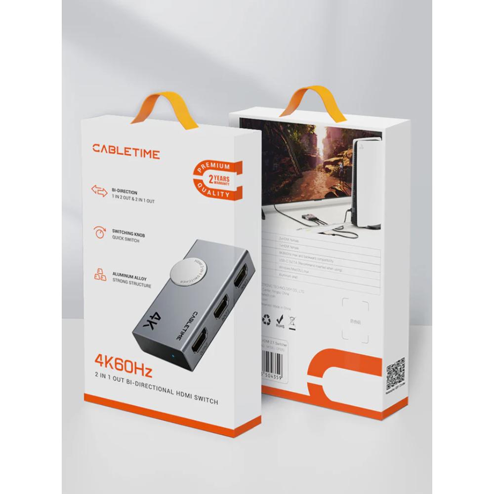 CABLETIME CP37G | 4K 60Hz HDMI 2.0 Switch | Bi-Directional 2 In 1 Out / 1 In 2 Out | Aluminum Alloy, Plug & Play