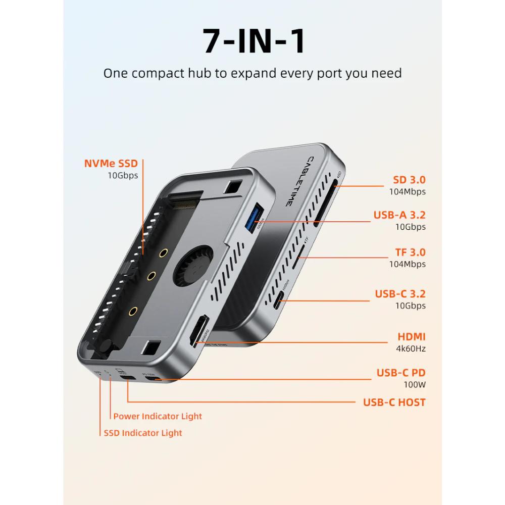 CABLETIME CB34S | 7-in-1 Magnetic USB-C Hub with NVMe SSD Enclosure | 4K60Hz HDMI | 10Gbps | 100W PD