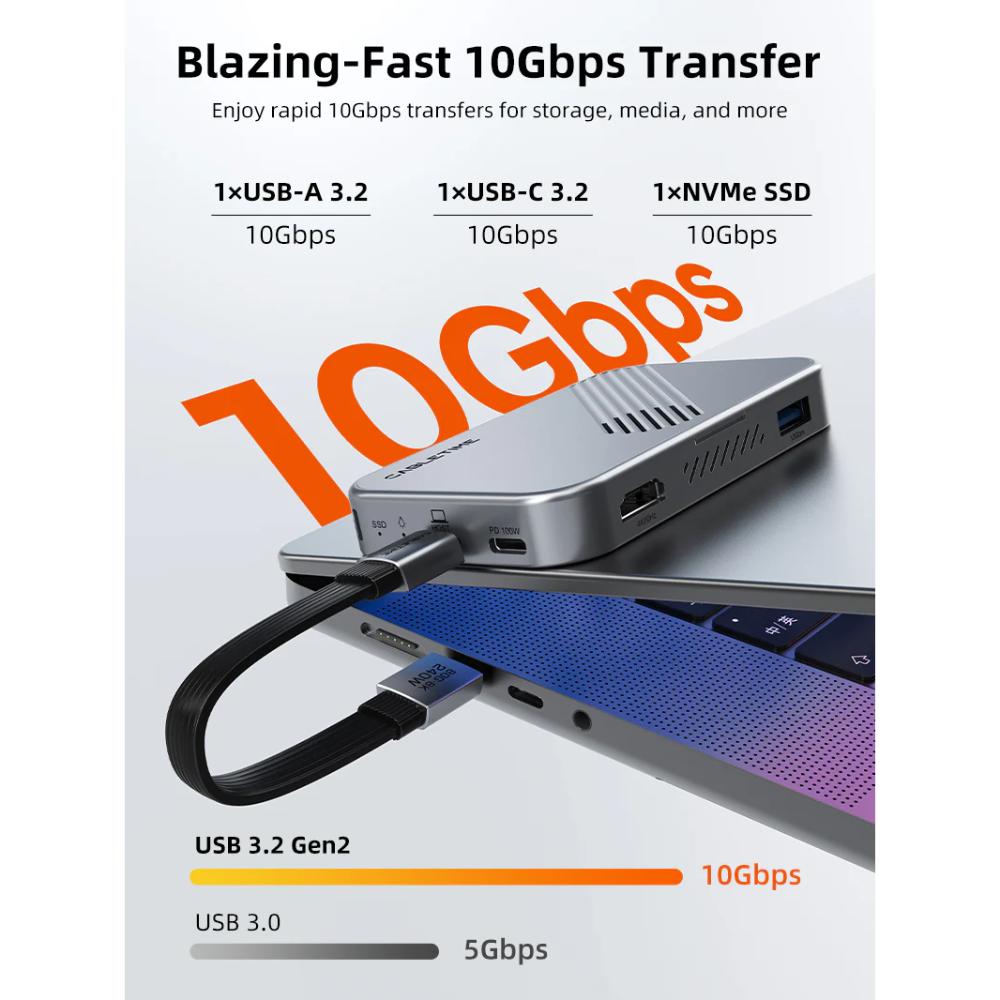 CABLETIME CB34S | 7-in-1 Magnetic USB-C Hub with NVMe SSD Enclosure | 4K60Hz HDMI | 10Gbps | 100W PD