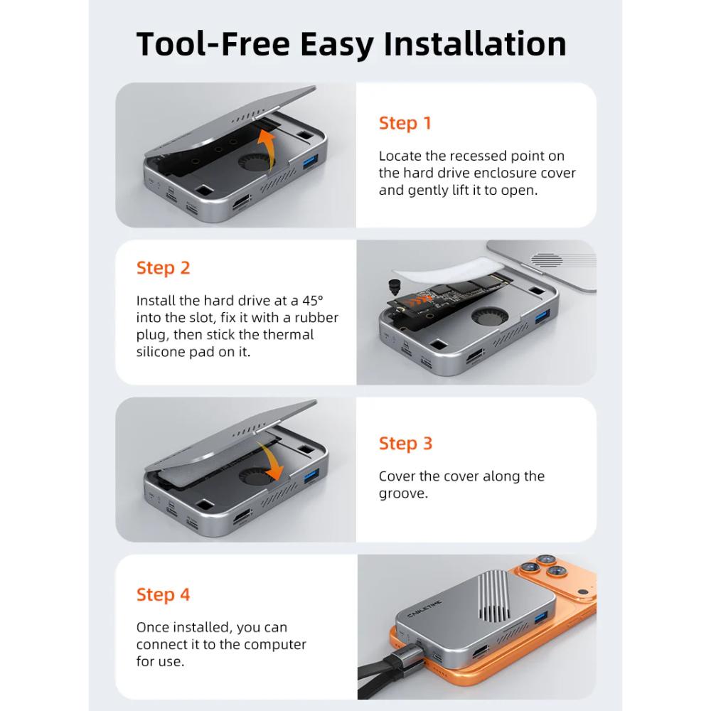 CABLETIME CB34S | 7-in-1 Magnetic USB-C Hub with NVMe SSD Enclosure | 4K60Hz HDMI | 10Gbps | 100W PD