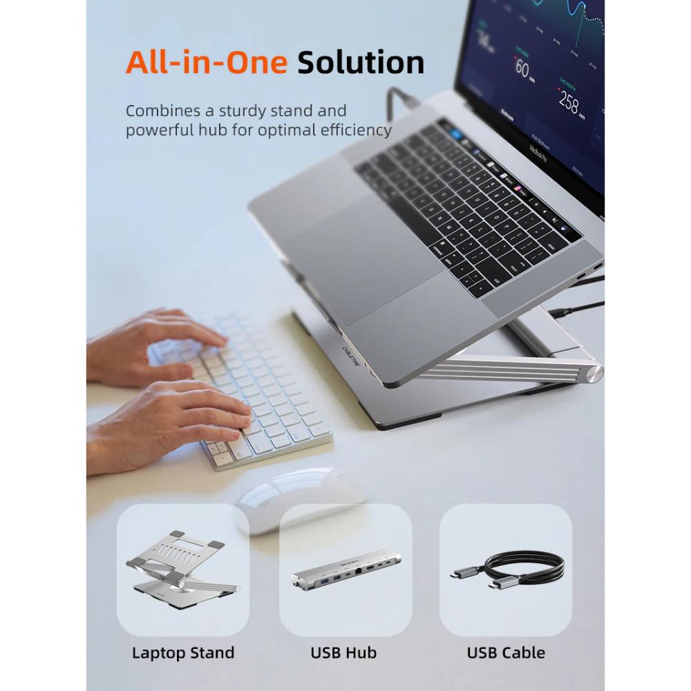 CABLETIME CS51S | Adjustable USB-C Laptop Docking Station Stand 6-in-1 | 4K HDMI, 100W PD, Gigabit Ethernet, 360° Rotation