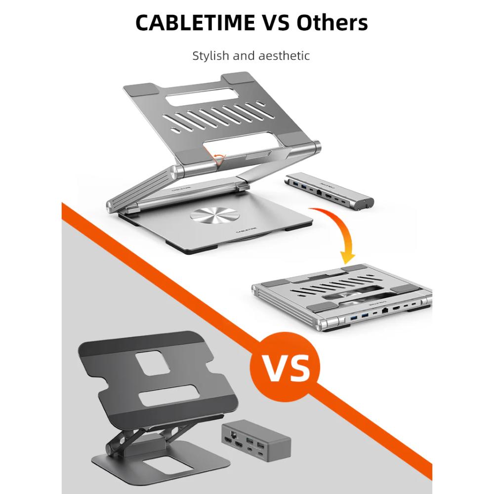 CABLETIME CS51S | Adjustable USB-C Laptop Docking Station Stand 6-in-1 | 4K HDMI, 100W PD, Gigabit Ethernet, 360° Rotation