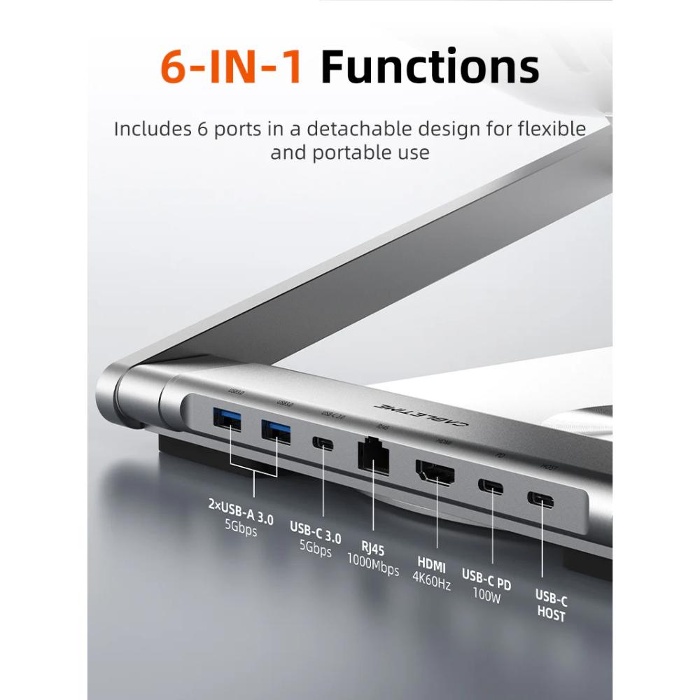 CABLETIME CS51S | Adjustable USB-C Laptop Docking Station Stand 6-in-1 | 4K HDMI, 100W PD, Gigabit Ethernet, 360° Rotation