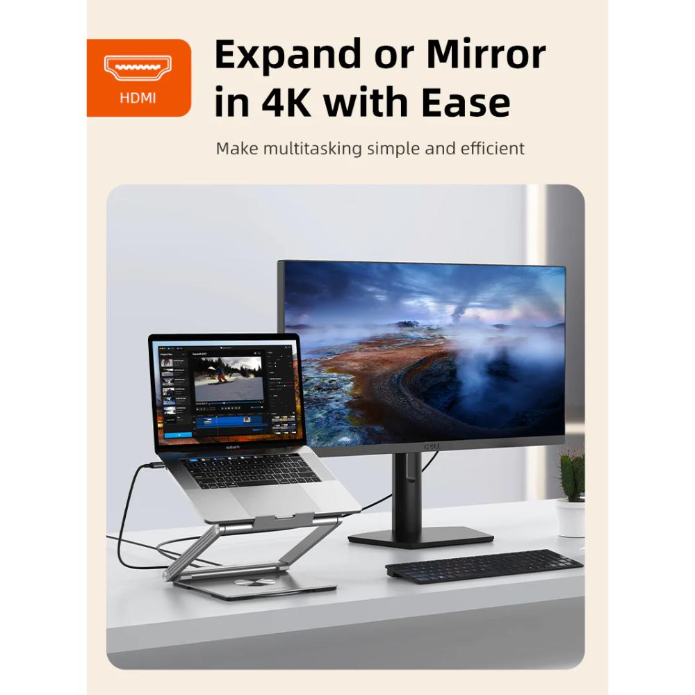 CABLETIME CS51S | Adjustable USB-C Laptop Docking Station Stand 6-in-1 | 4K HDMI, 100W PD, Gigabit Ethernet, 360° Rotation