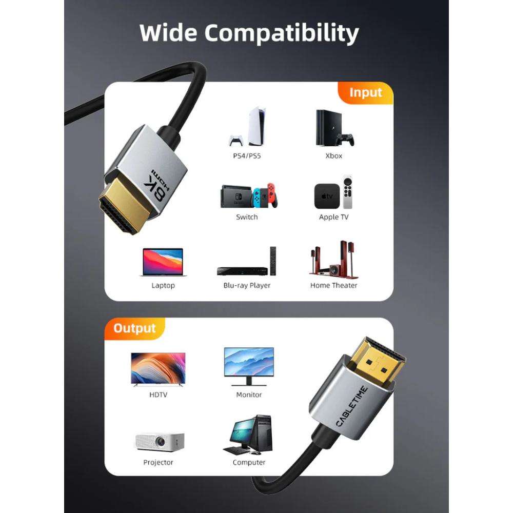 CABLETIME CH14 HDMI 2.1 Ultra-Slim Cable | 8K@60Hz, 4K@120Hz, 48Gbps, 3.8mm Design | 1M/2M/3M