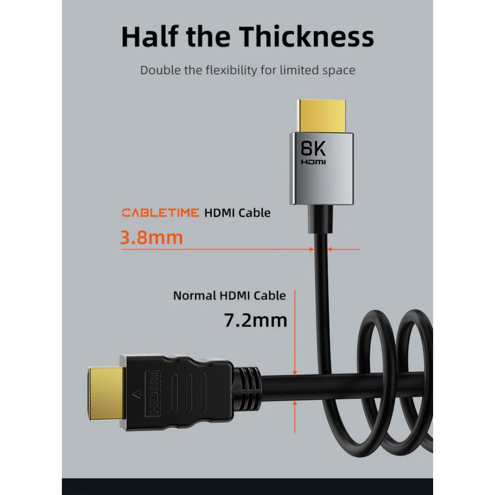 CABLETIME CH14 HDMI 2.1 Ultra-Slim Cable | 8K@60Hz, 4K@120Hz, 48Gbps, 3.8mm Design | 1M/2M/3M