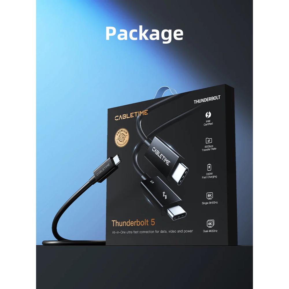 CABLETIME CT50G Thunderbolt 5 Cable | 0.8m | 120Gbps Peak | 240W PD | 8K60Hz | Intel Certified