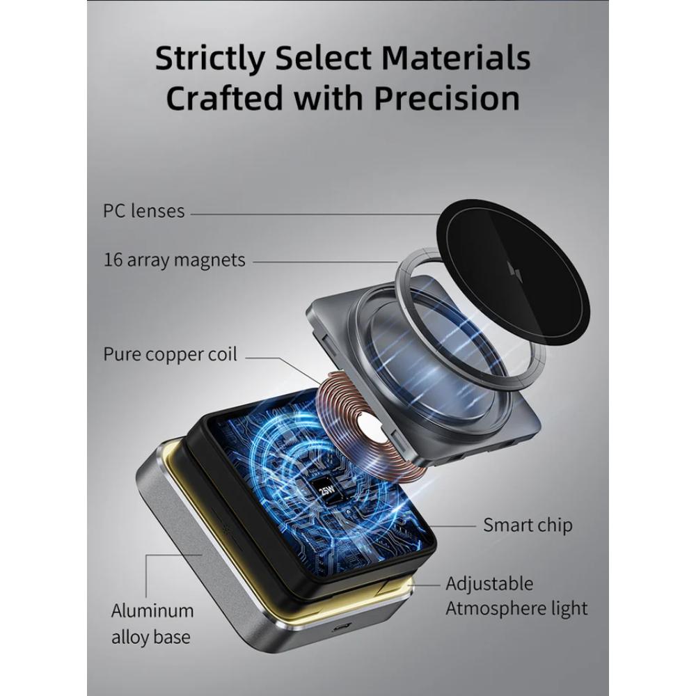 CABLETIME CE12B | 3-in-1 Foldable Magnetic Wireless Charger Stand for iPhone, Apple Watch & AirPods (15W Fast Charging, Adjustable Tilt, LED Light)