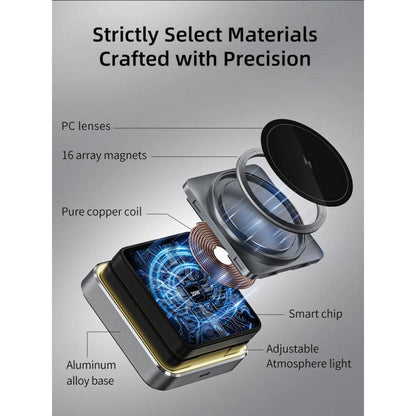 CABLETIME CE12B | 3-in-1 Foldable Magnetic Wireless Charger Stand for iPhone, Apple Watch & AirPods (15W Fast Charging, Adjustable Tilt, LED Light)