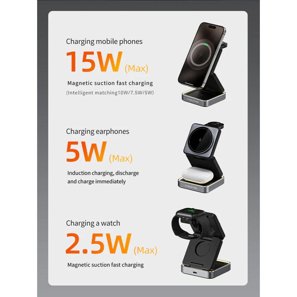 CABLETIME CE12B | 3-in-1 Foldable Magnetic Wireless Charger Stand for iPhone, Apple Watch & AirPods (15W Fast Charging, Adjustable Tilt, LED Light)