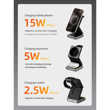 CABLETIME CE12B | 3-in-1 Foldable Magnetic Wireless Charger Stand for iPhone, Apple Watch & AirPods (15W Fast Charging, Adjustable Tilt, LED Light)