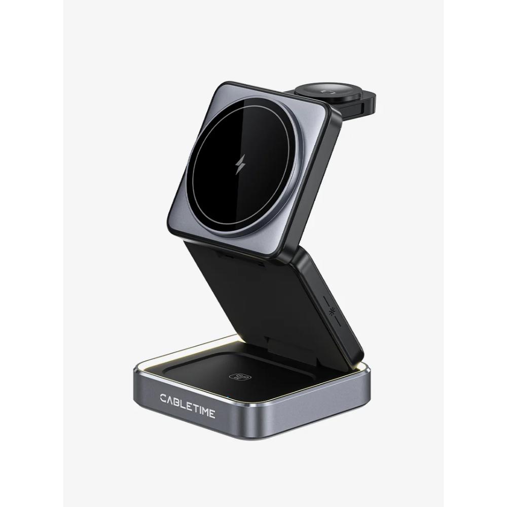 CABLETIME CE12B | 3-in-1 Foldable Magnetic Wireless Charger Stand for iPhone, Apple Watch & AirPods (15W Fast Charging, Adjustable Tilt, LED Light)