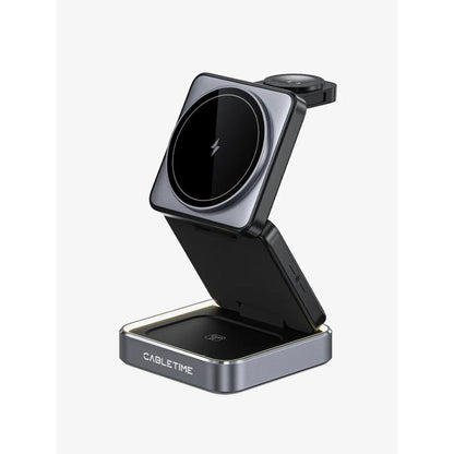 CABLETIME CE12B | 3-in-1 Foldable Magnetic Wireless Charger Stand for iPhone, Apple Watch & AirPods (15W Fast Charging, Adjustable Tilt, LED Light)