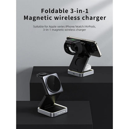 CABLETIME CE12B | 3-in-1 Foldable Magnetic Wireless Charger Stand for iPhone, Apple Watch & AirPods (15W Fast Charging, Adjustable Tilt, LED Light)