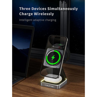 CABLETIME CE12B | 3-in-1 Foldable Magnetic Wireless Charger Stand for iPhone, Apple Watch & AirPods (15W Fast Charging, Adjustable Tilt, LED Light)