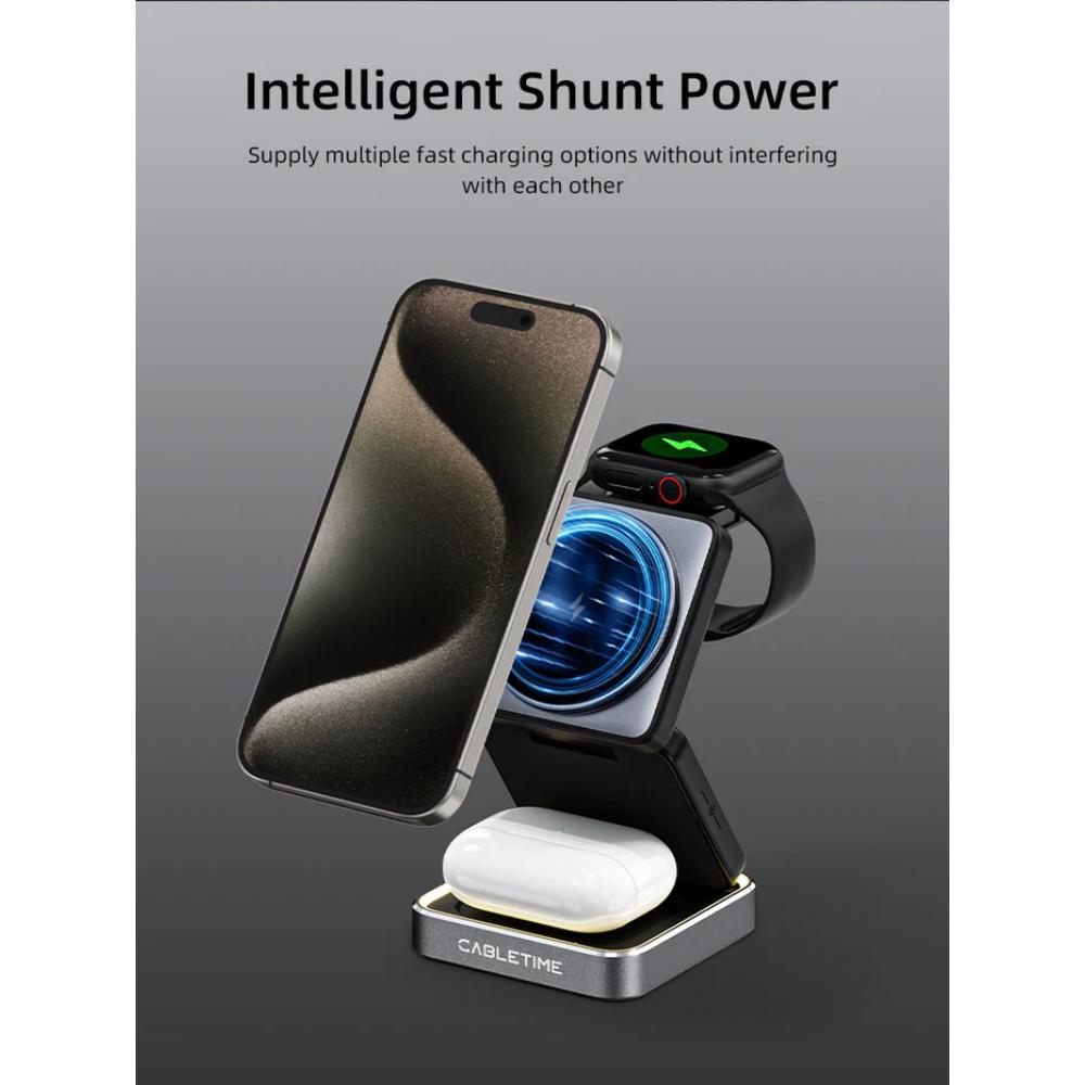 CABLETIME CE12B | 3-in-1 Foldable Magnetic Wireless Charger Stand for iPhone, Apple Watch & AirPods (15W Fast Charging, Adjustable Tilt, LED Light)