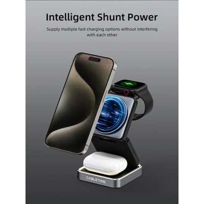 CABLETIME CE12B | 3-in-1 Foldable Magnetic Wireless Charger Stand for iPhone, Apple Watch & AirPods (15W Fast Charging, Adjustable Tilt, LED Light)