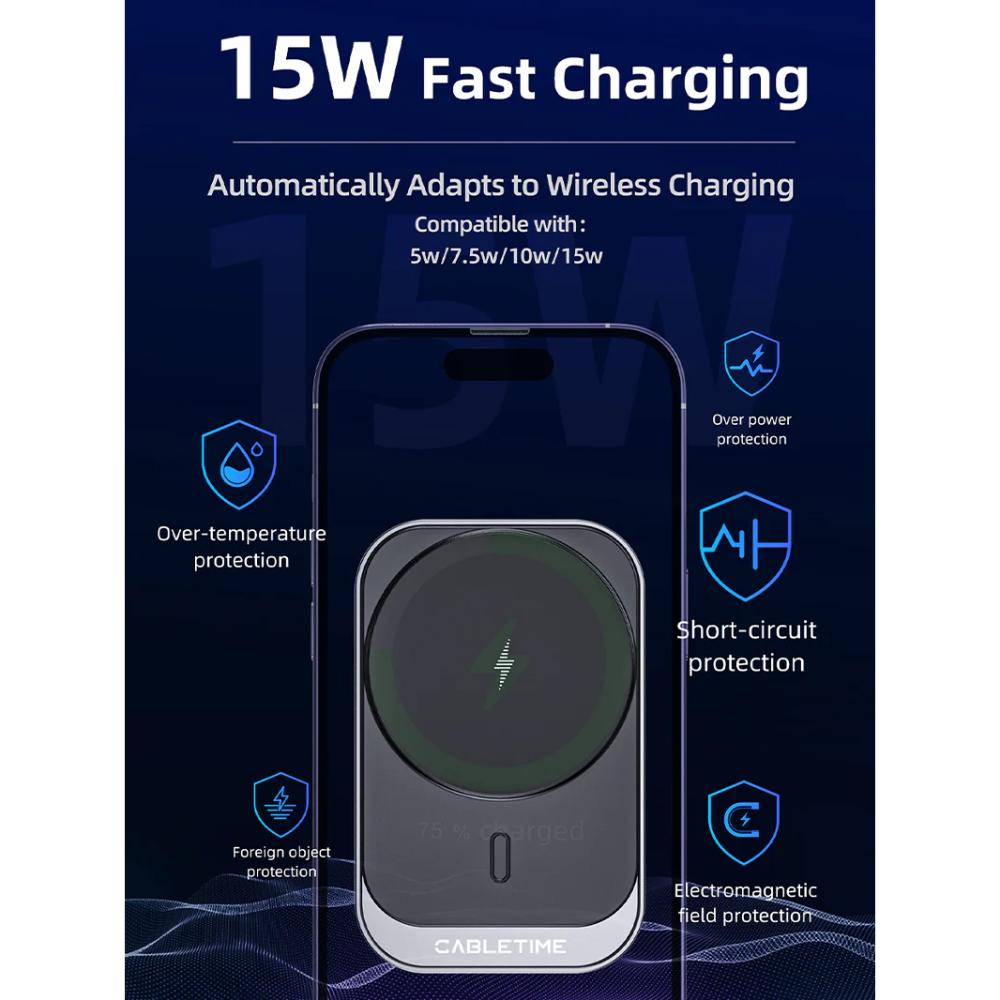 CABLETIME CE11B | Magsafe 15W Magnetic Wireless Car Charger Holder, 360° Rotation, Qi Wireless, ABS+PC