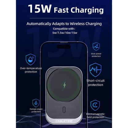 CABLETIME CE11B | Magsafe 15W Magnetic Wireless Car Charger Holder, 360° Rotation, Qi Wireless, ABS+PC