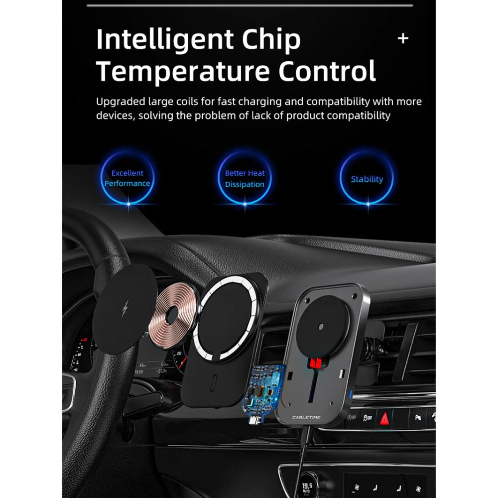 CABLETIME CE11B | Magsafe 15W Magnetic Wireless Car Charger Holder, 360° Rotation, Qi Wireless, ABS+PC