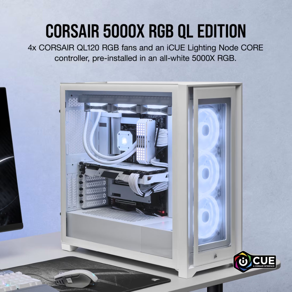 CORSAIR iCUE 5000X RGB QL Edition Mid-Tower ATX Case | True White | Premium RGB Showcase | Advanced Cooling