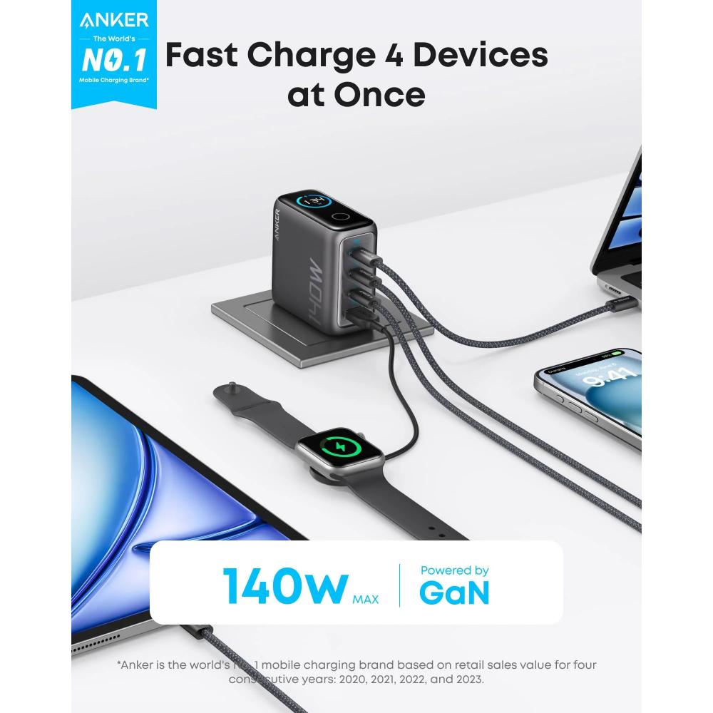 Anker B2697 | 140W GaN Charger | 4-Port | PD 3.1 | 3 × USB-C + 1 × USB-A | Includes USB-C Cable | Compact Design | For MacBook Pro, iPhone, Galaxy, iPad, USB-C Devices