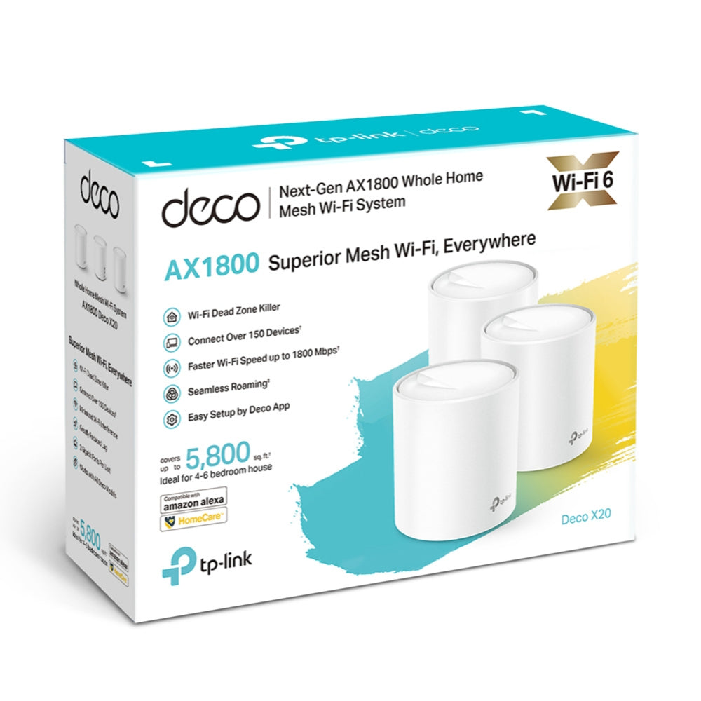 TP-Link Deco X20 (3-Pack) AX1800 Whole Home Mesh Wi-Fi 6 System | Seamless Coverage for Up to 5,800 Sq. Ft. with Support for 150 Devices