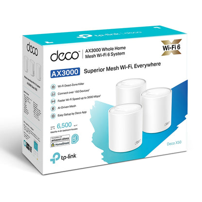 TP-Link Deco X50 (3-Pack) AX3000 Whole Home Mesh WiFi 6 System | AI-Driven Mesh Coverage with Gigabit Speed and HomeShield Security