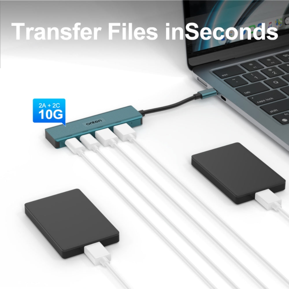 Onten UC622 | USB-C to 2×USB-A + 2×USB-C Hub | 10Gbps USB 3.2 Gen 2 | 4-in-1 Docking Station | 1.5m Cable | Green | Aluminum Alloy Shell | Plug & Play | For Laptops, Tablets, Smartphones